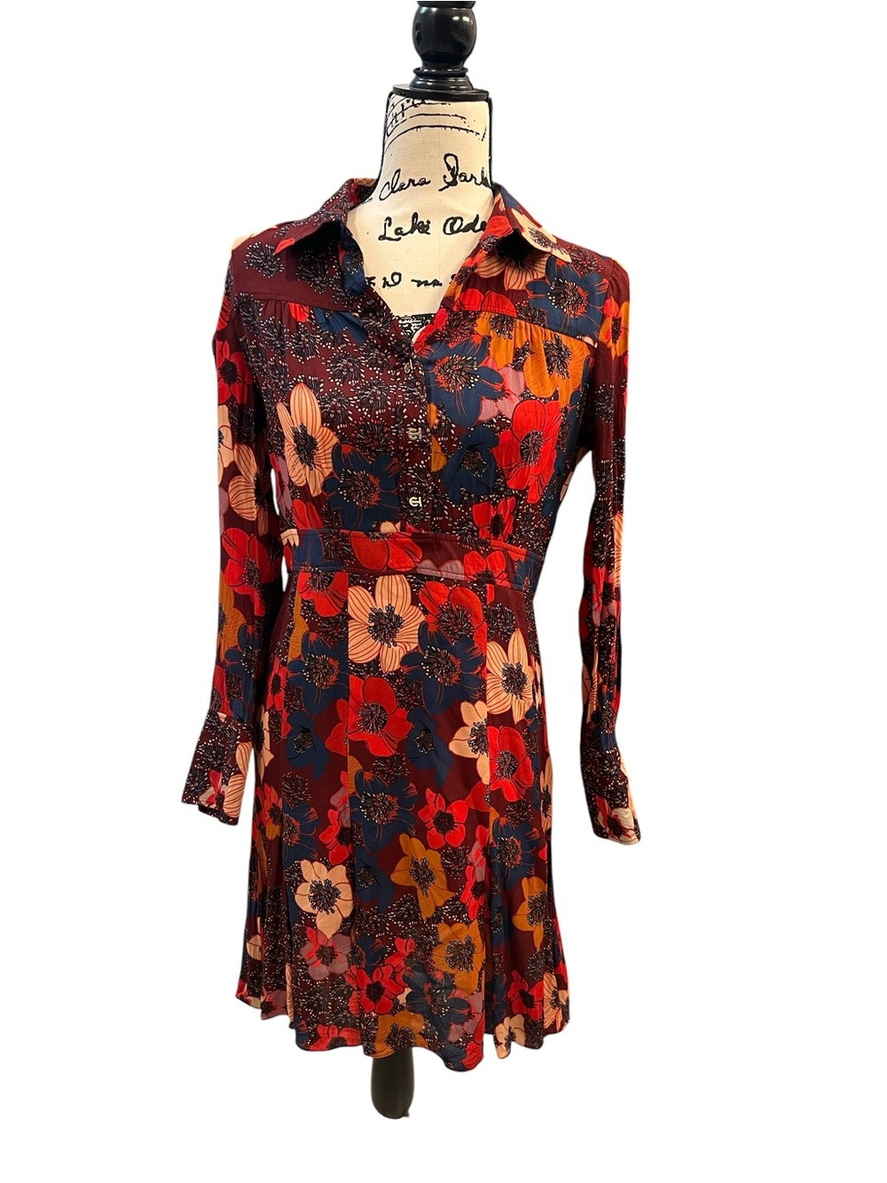 Elie Tahari "Brinx" Floral Long Sleeve Midi Shirt Dress